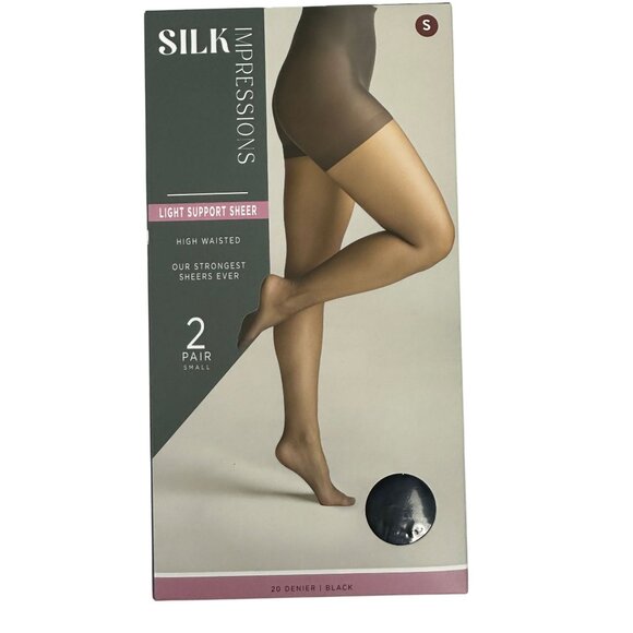 Silk Impressions Light Support 20 Denier High Waisted Pantyhose Black S 2-Pack - Picture 1 of 11